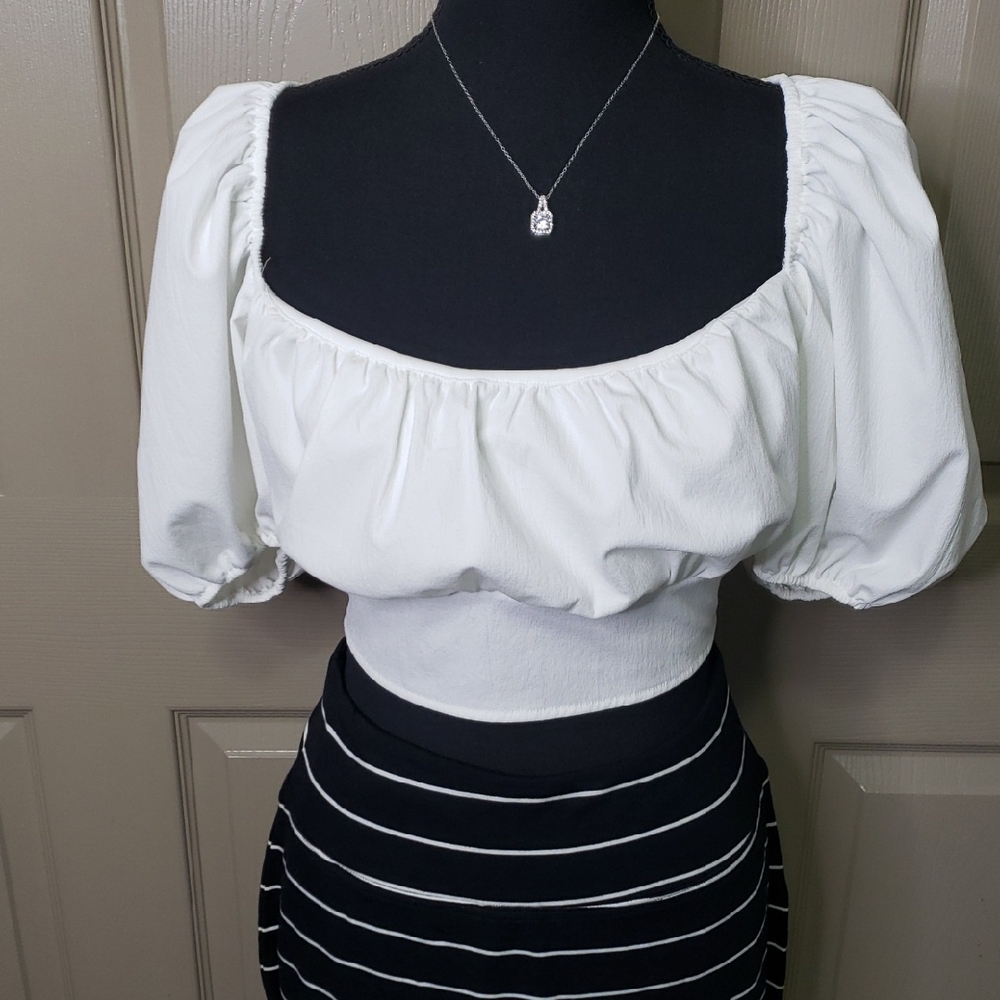 NWO Zara White Puff Sleeve Ruched Blouse Lace Up Open Back Top Size Large